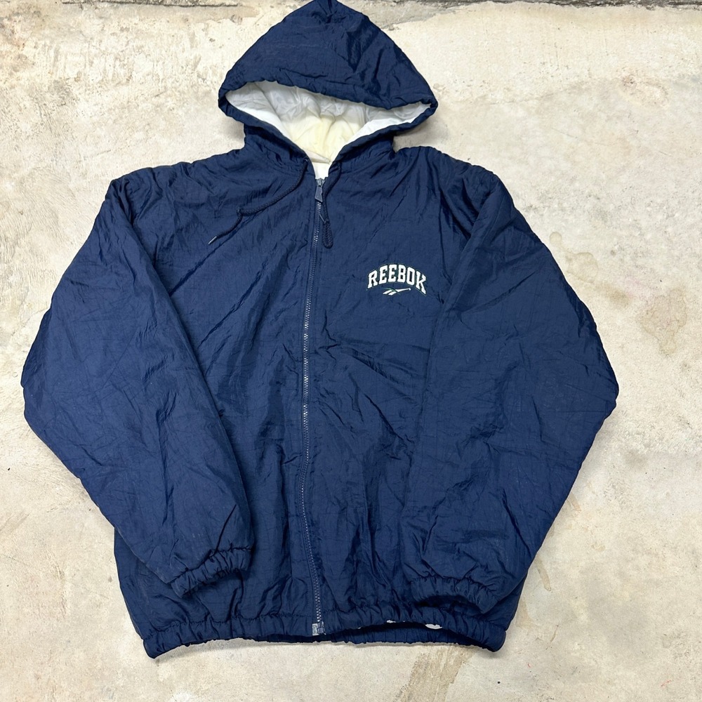 Vintage Reebok‎ Jacket Hooded Windbreaker Pullover Small Mens Navy Blue 90s
